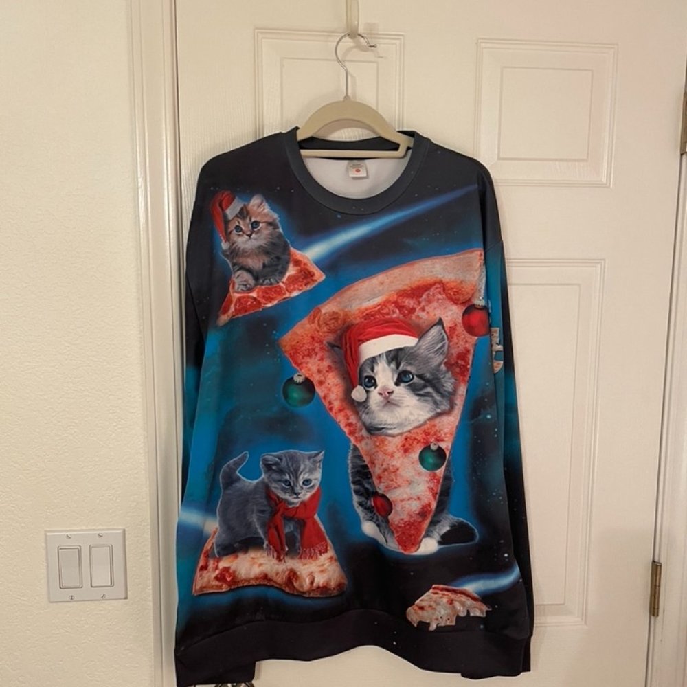 "Ugly Christmas Sweater" Kittens in Space with Pizza - 2XL